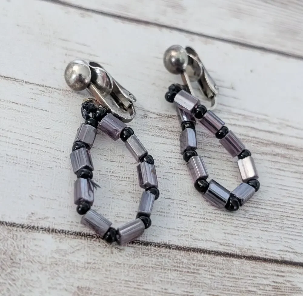 Vintage Clip On Earrings Mauve and Black Dangle